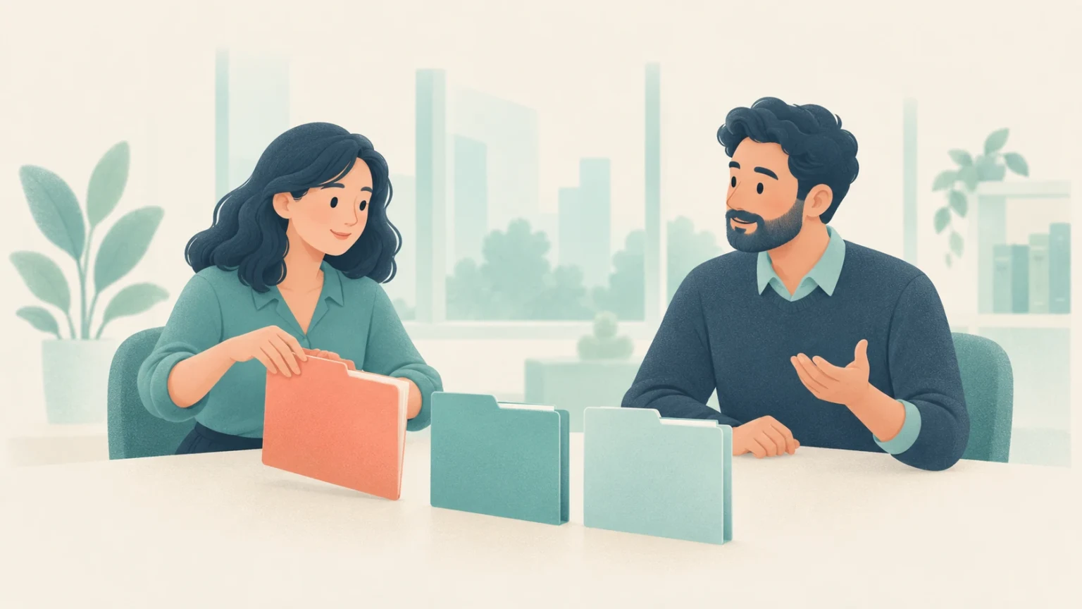 Two colleagues sitting at an office table, discussing a project with several folders placed in front of them.
