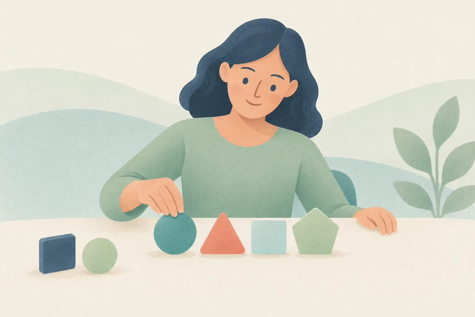 Editorial illustration of a woman arranging colorful geometric blocks in a line on a table.