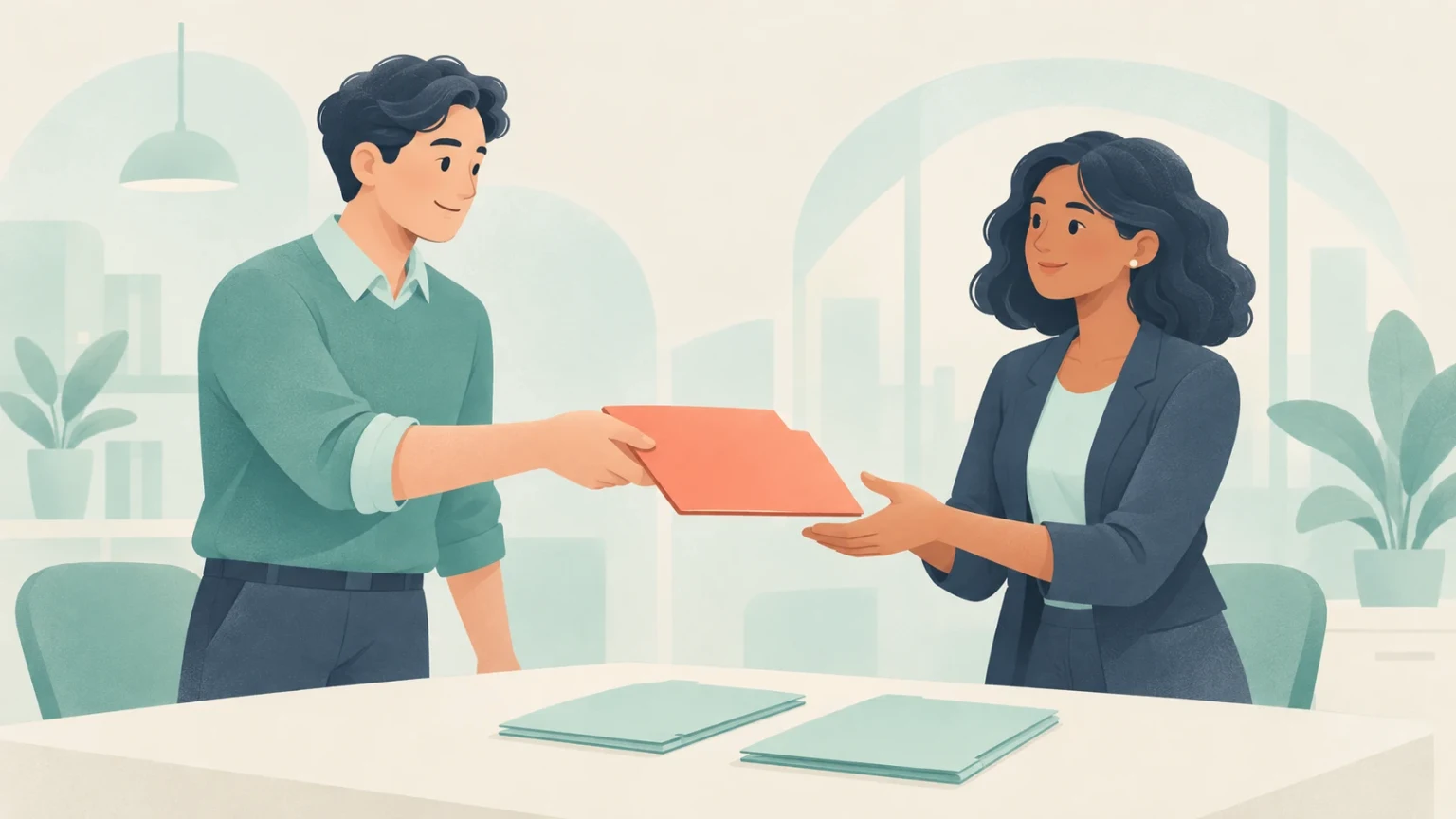 A man hands an orange folder across an office table to a seated woman who reaches to receive it.