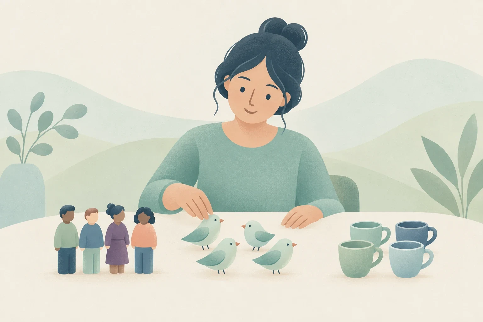 An editorial illustration of a woman arranging figurines on a table into three groups: people, small birds, and ceramic mugs.