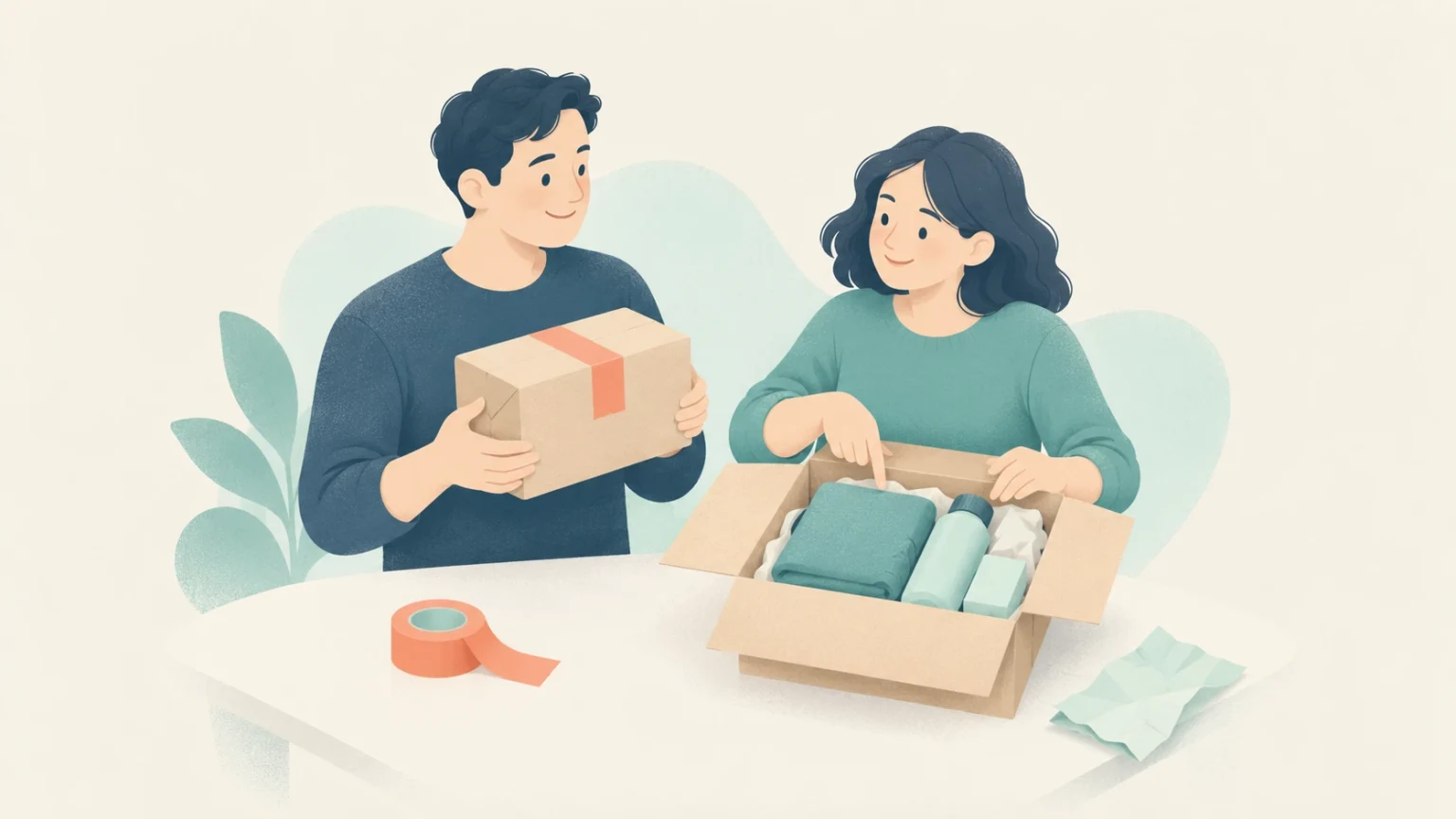 Editorial illustration of a man and woman packing and organizing items neatly into cardboard boxes at a table.