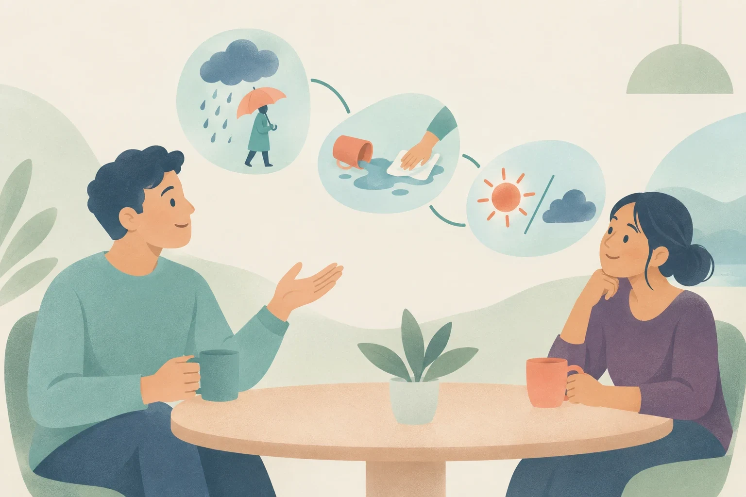 A man and a woman sit at a cafe table conversing, with illustrated bubbles showing cause, result, and contrast scenarios connected above them.
