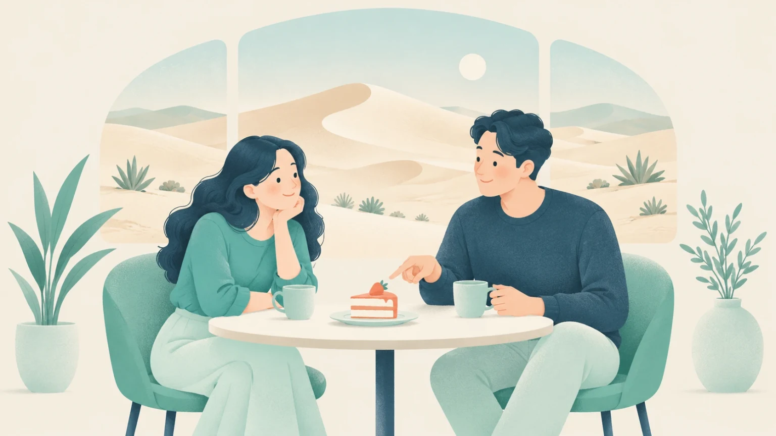 A man and woman sit at a cafe table enjoying a slice of cake with desert sand dunes visible through the window.