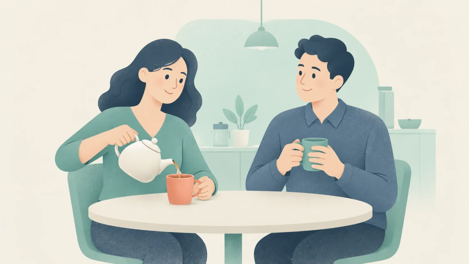 An editorial illustration of a woman pouring tea from a teapot into a mug at a dining table with a man holding his cup.