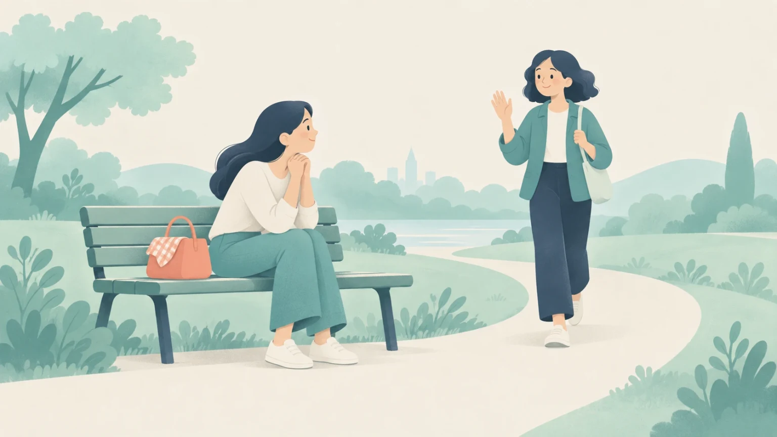 A smiling woman sits on a park bench with her hands clasped as another woman approaches and waves, suggesting anticipation of a friendly meeting.
