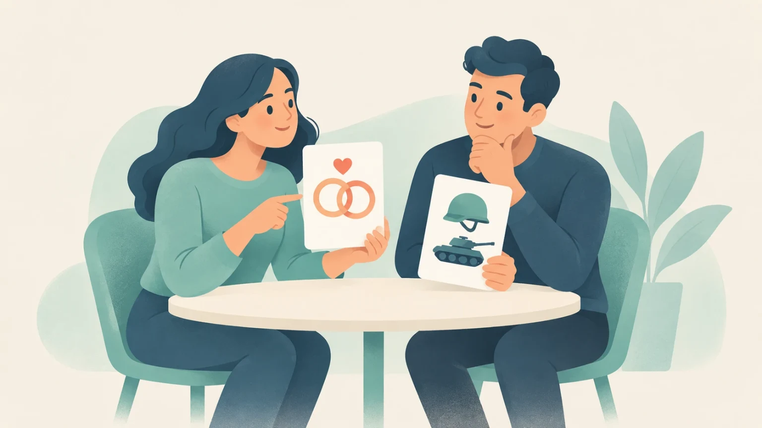 An editorial illustration of a woman and man seated at a table, holding up cards depicting wedding rings and military equipment.