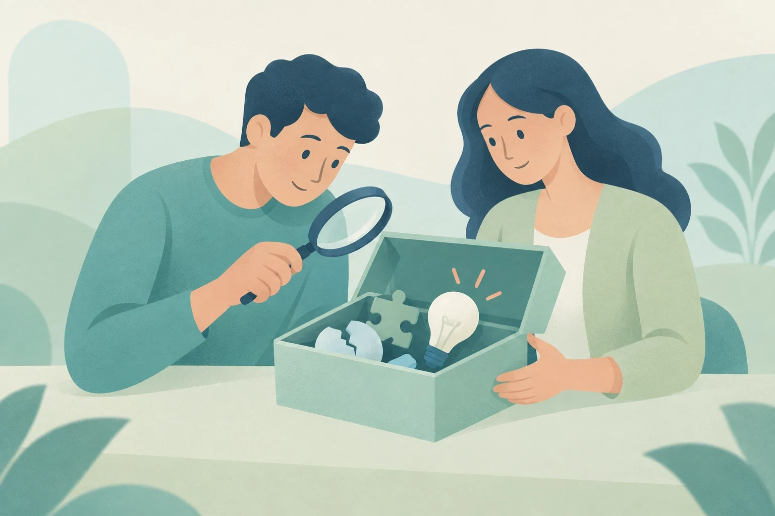 A man with a magnifying glass and a woman examine a puzzle piece, broken fragments, and a glowing lightbulb inside an open box on a desk.