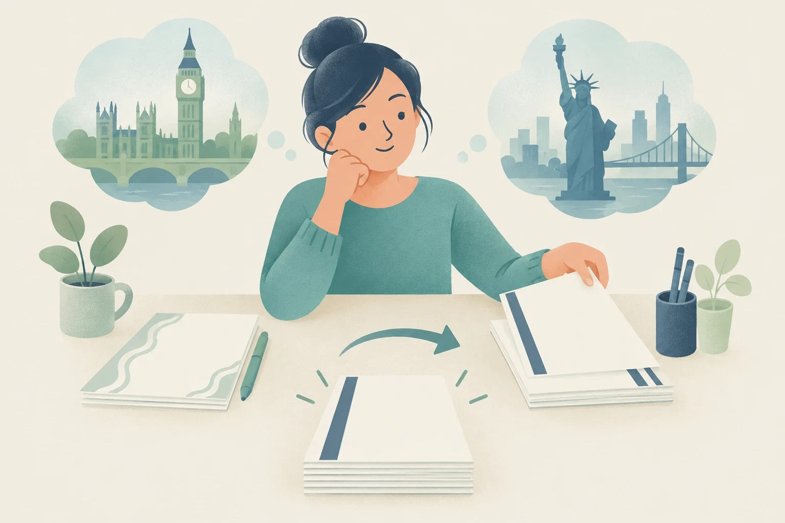 An editorial illustration of a woman seated at a desk choosing between documents, with London's Big Ben and New York's Statue of Liberty in thought bubbles.