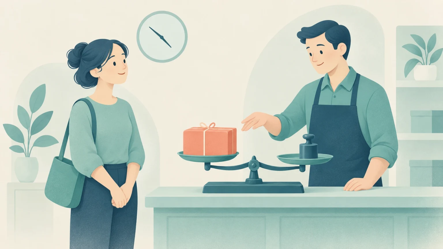 A woman waits at a counter while a store clerk weighs a parcel on a balance scale beneath a wall clock.