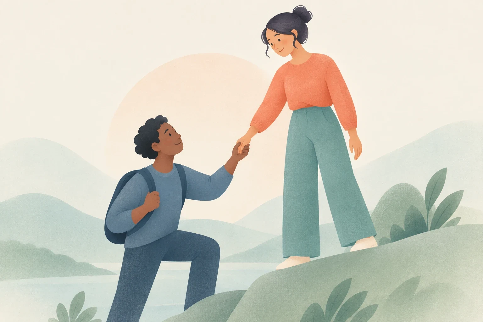 A backpacked person looks up at a woman who holds their hand to help them climb a hillside, with soft green hills and water behind them.