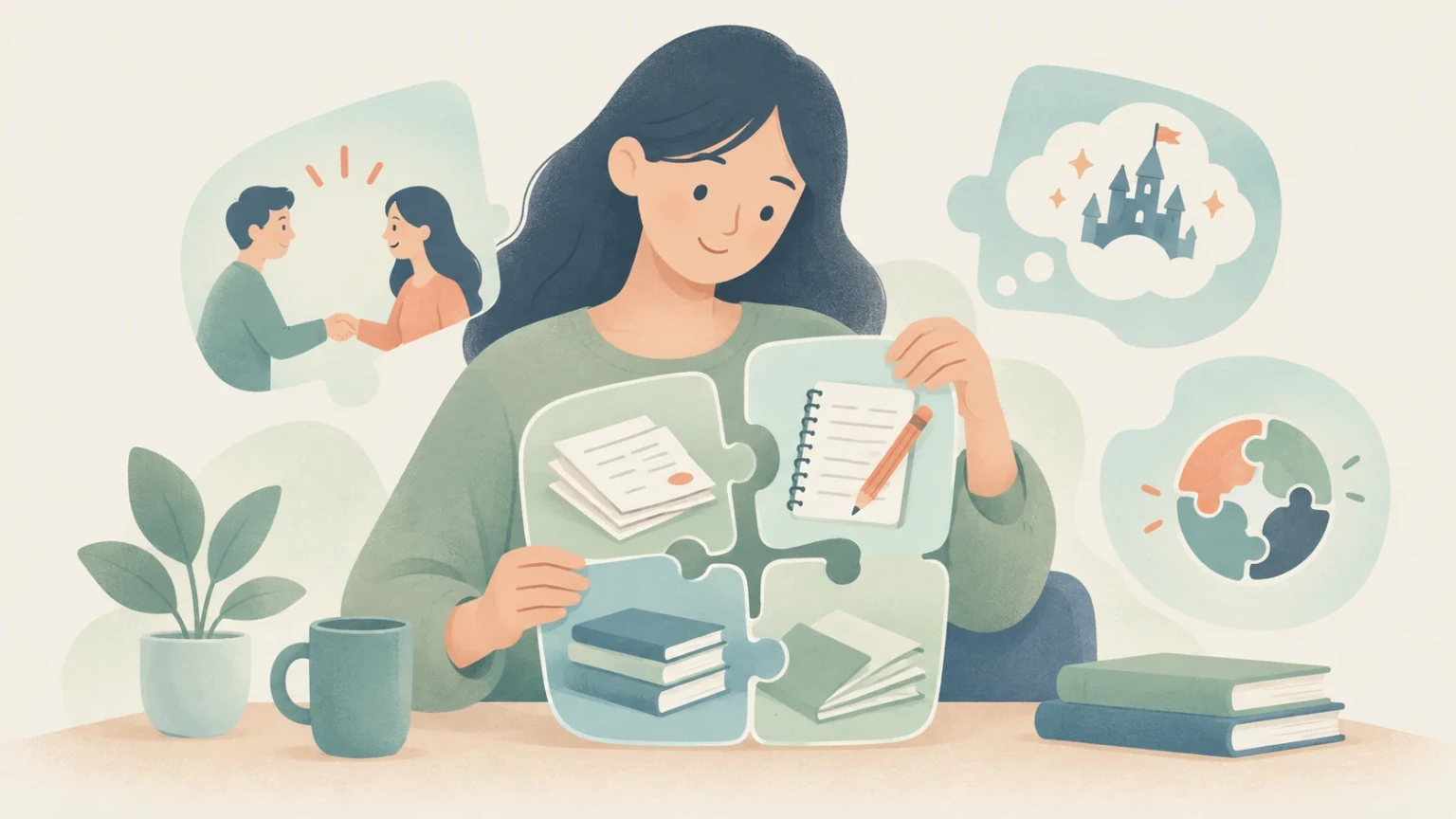 A woman assembles puzzle pieces showing papers, notebooks, and books, surrounded by vignettes of a handshake, an imagined castle, and a circular puzzle.