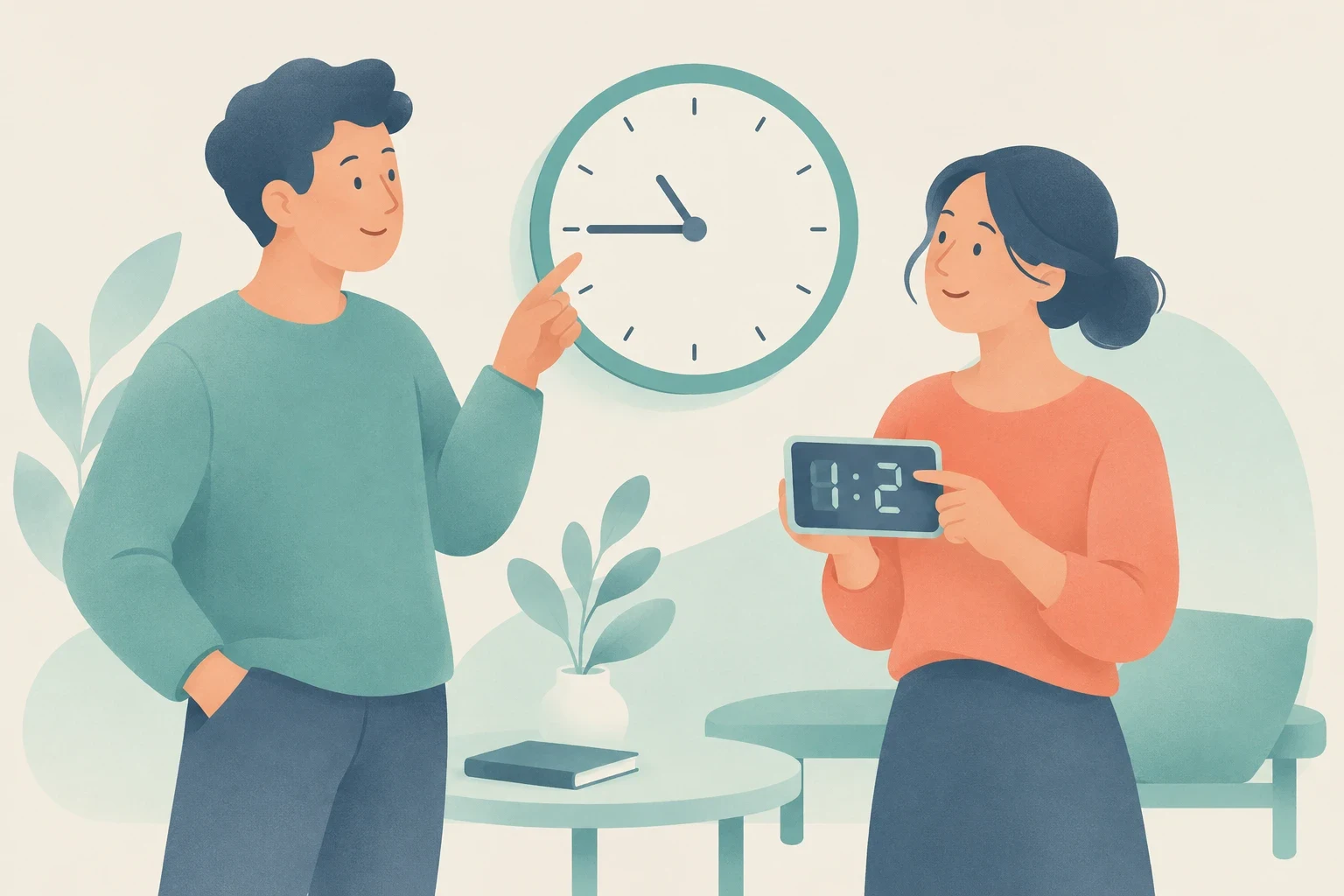A man points to an analog wall clock showing quarter to eleven while a woman holds up a digital clock in a modern room.