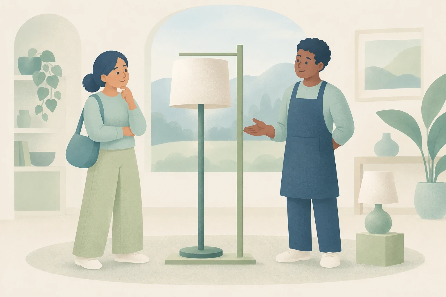 A shopper considers a floor lamp while a salesperson gestures toward it in a softly colored home furnishings store.
