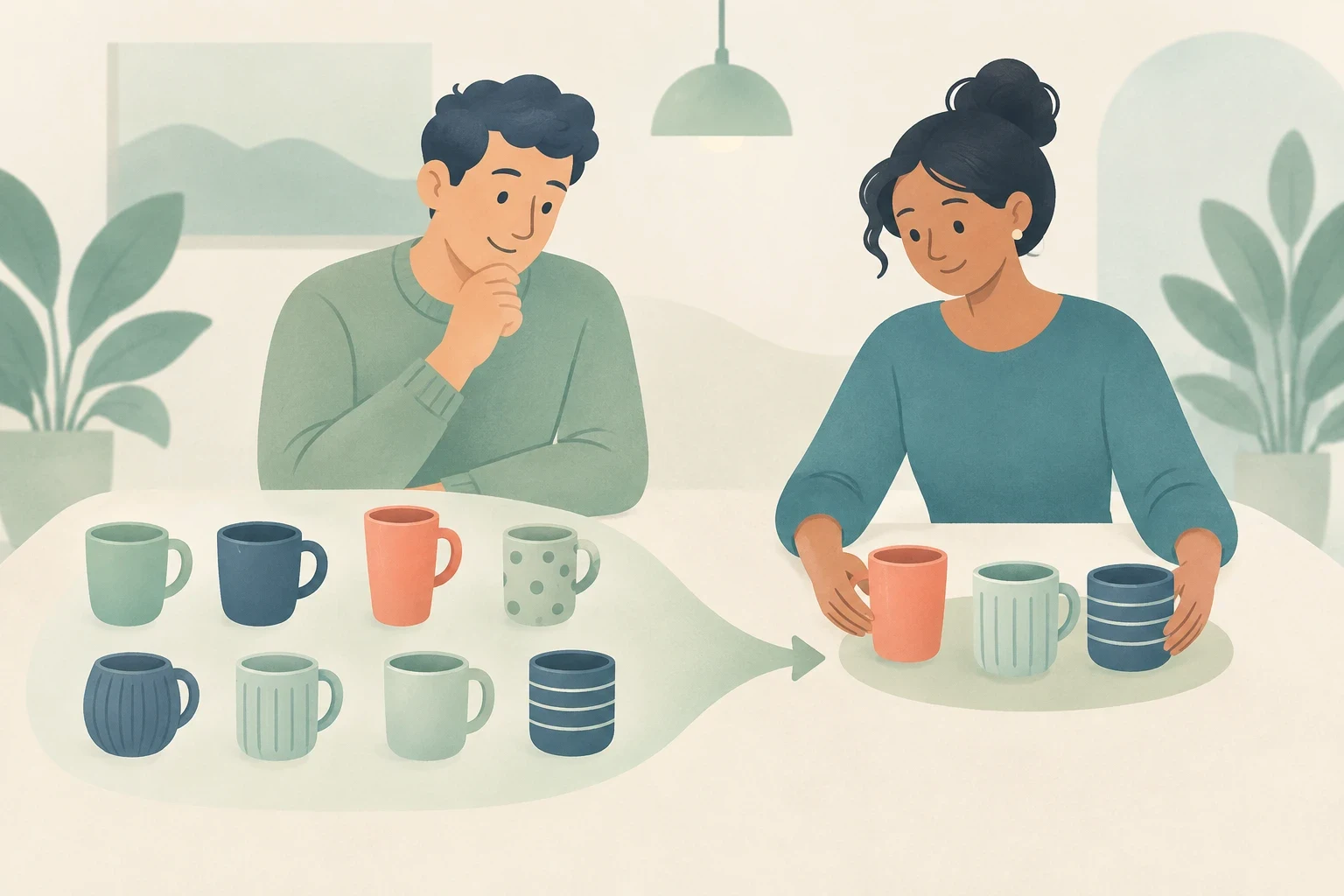 Two people consider mugs, with an arrow leading from eight varied mugs on the left to three selected mugs on the right, illustrating narrowing down choices.