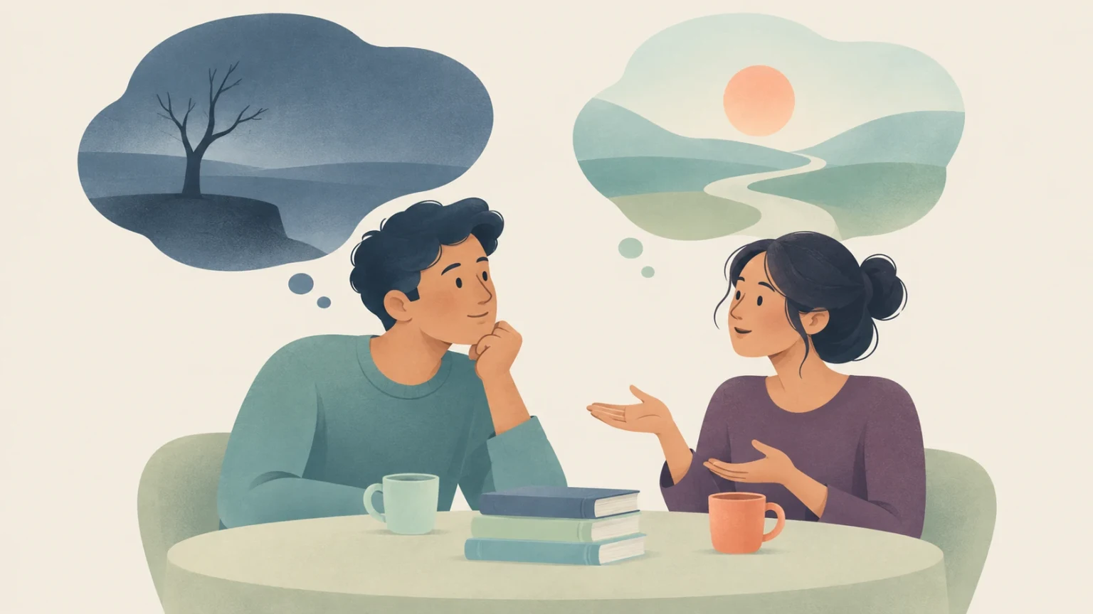Two people sit at a table having a discussion, with thought bubbles contrasting a barren landscape under dark skies with a bright sunlit valley.
