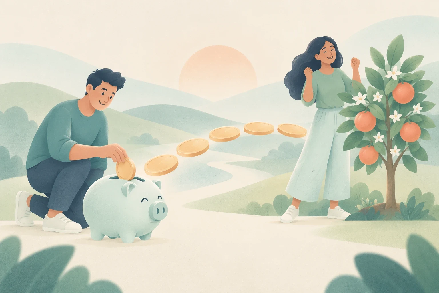 A man deposits coins into a piggy bank as floating coins lead to a woman celebrating beside a fruiting orange tree.