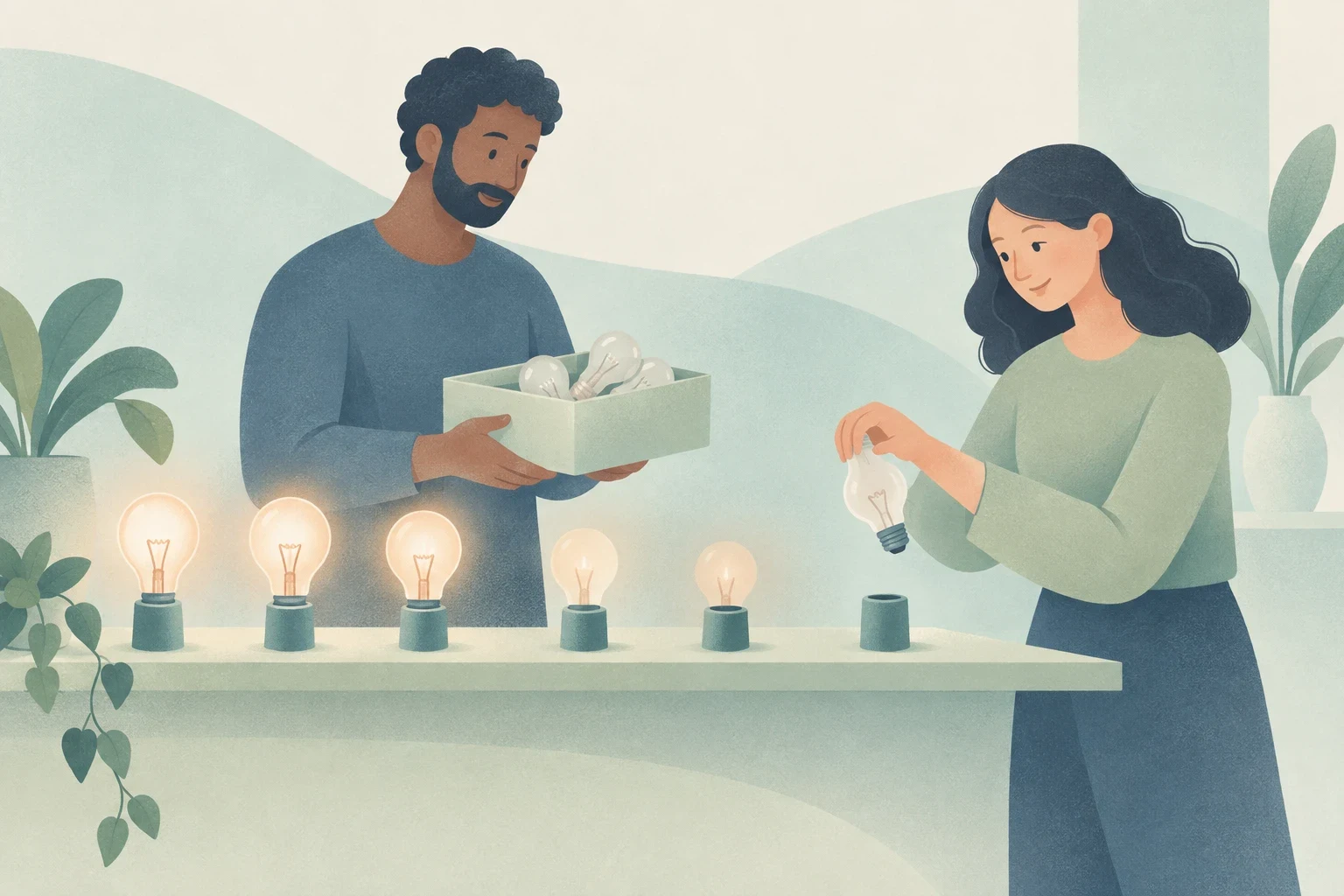 An editorial illustration of two colleagues phasing out incandescent lightbulbs along a counter, where the lights gradually dim and are removed step by step into a storage box.