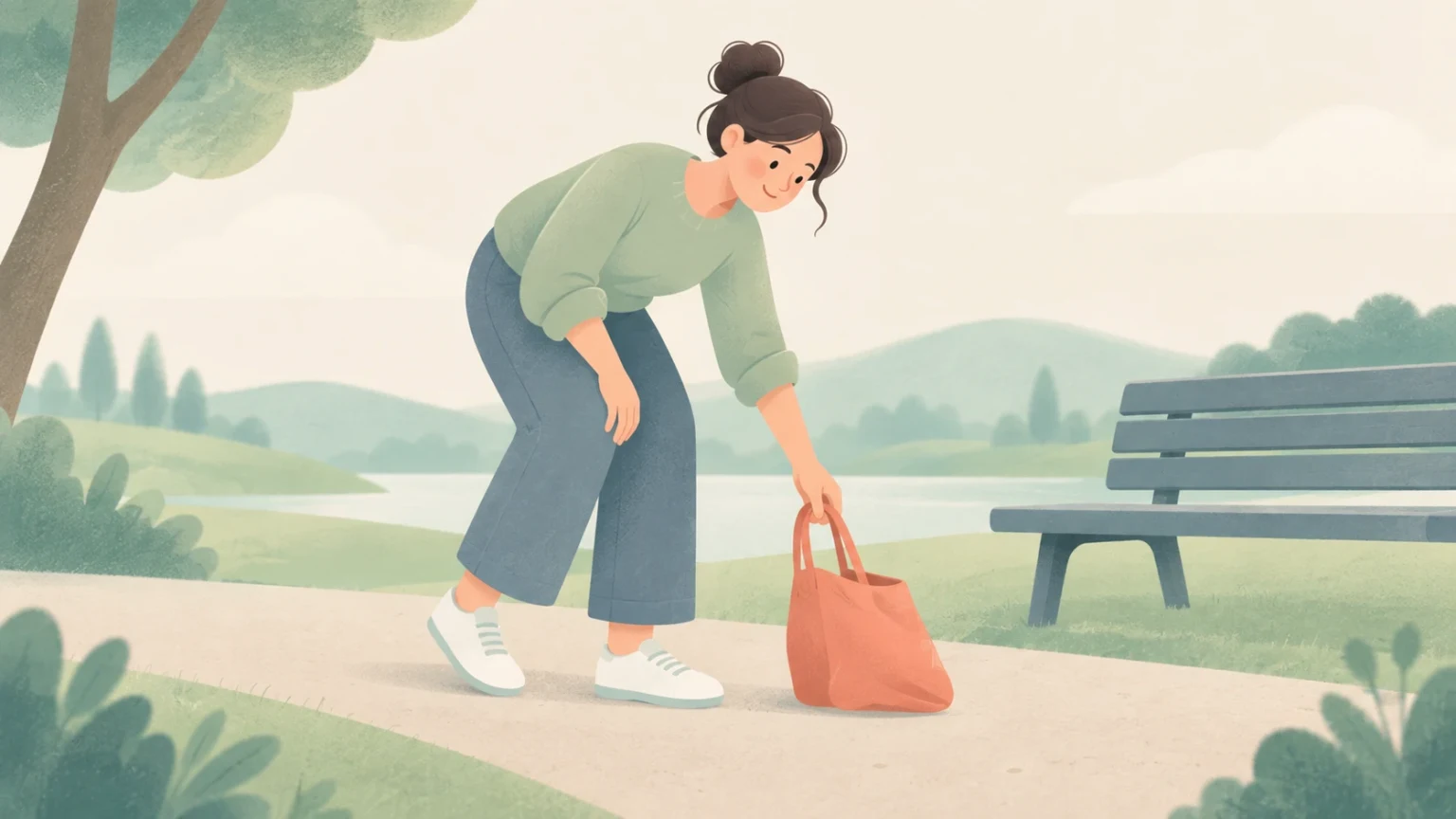 A woman bends down to pick up an orange tote bag on a park path beside a bench, with trees, hills, and a lake in the background.