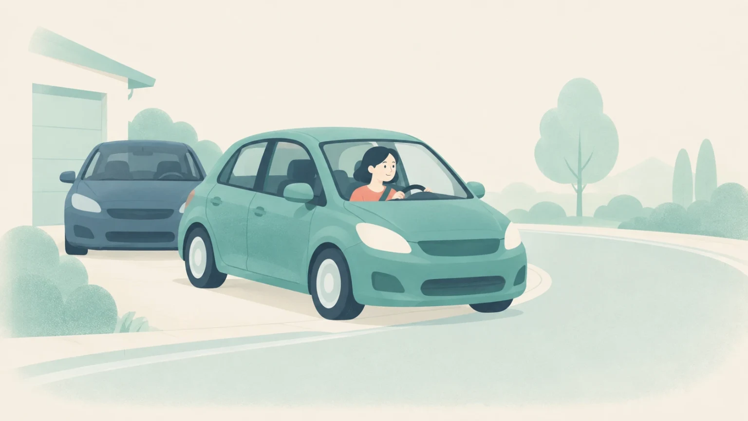 A woman drives a teal car out of a driveway toward a curved road, with a parked blue car and garage behind her.