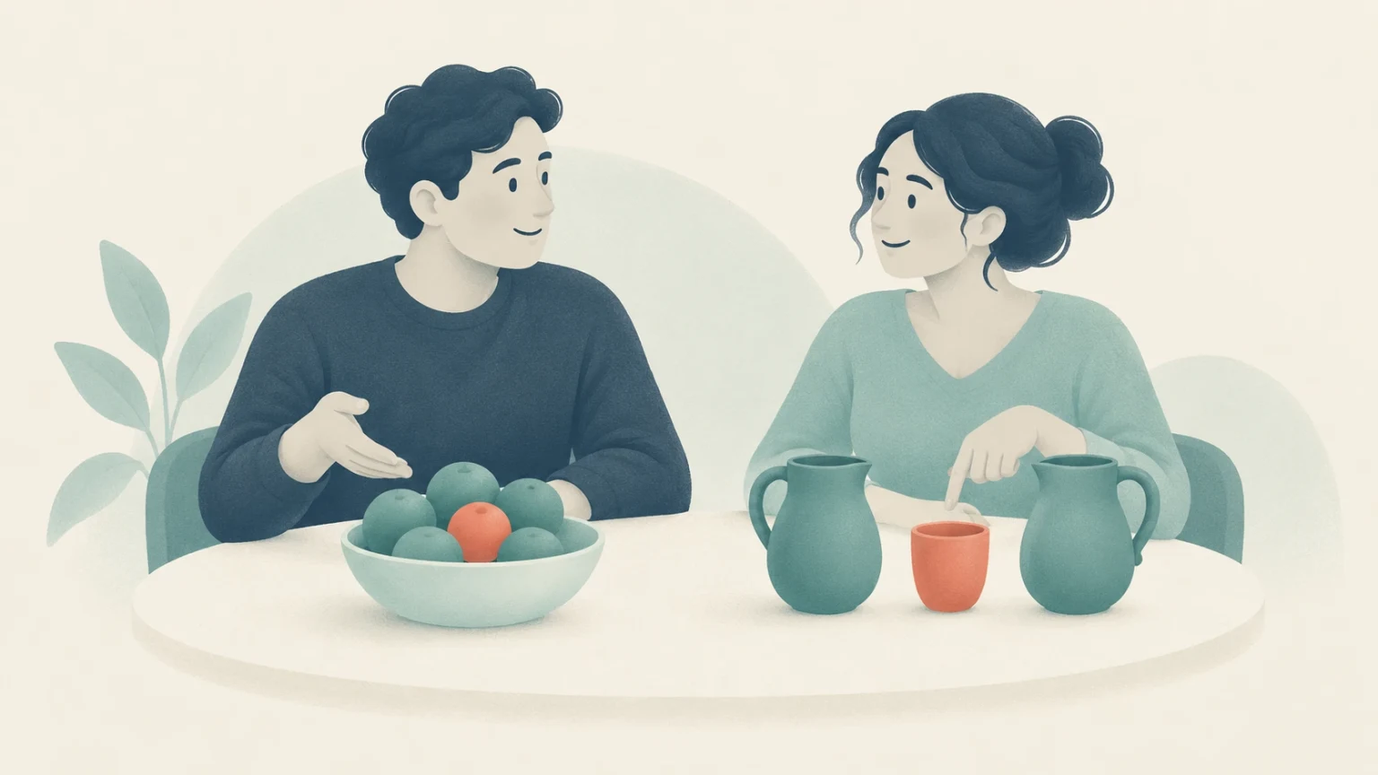 An editorial illustration of a man gesturing toward a fruit among apples in a bowl and a woman pointing to a cup between two pitchers on a table.