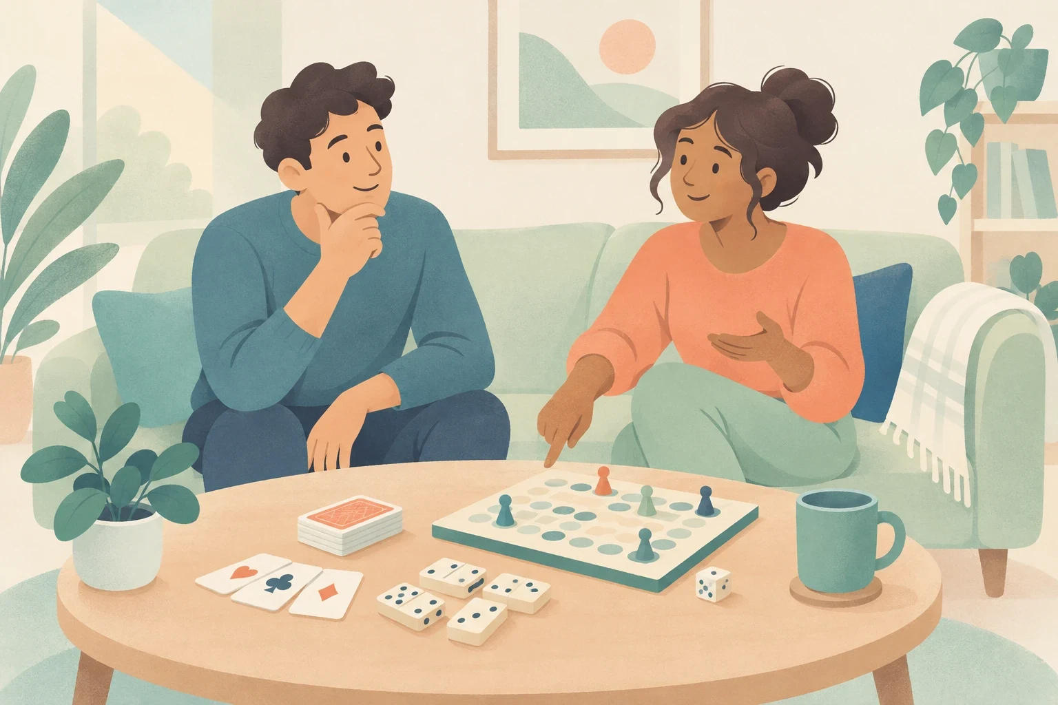 A man and a woman sit on a living room sofa discussing board games, dominoes, and playing cards spread across a coffee table.