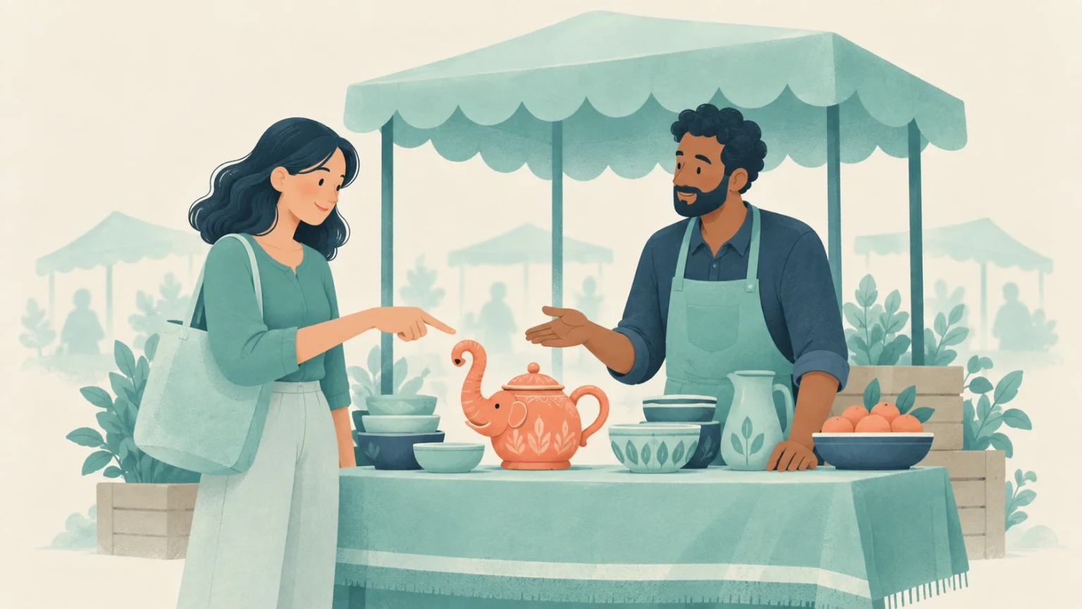 A woman browses an outdoor bazaar stall and points toward an unusual elephant-shaped teapot shown by the vendor.