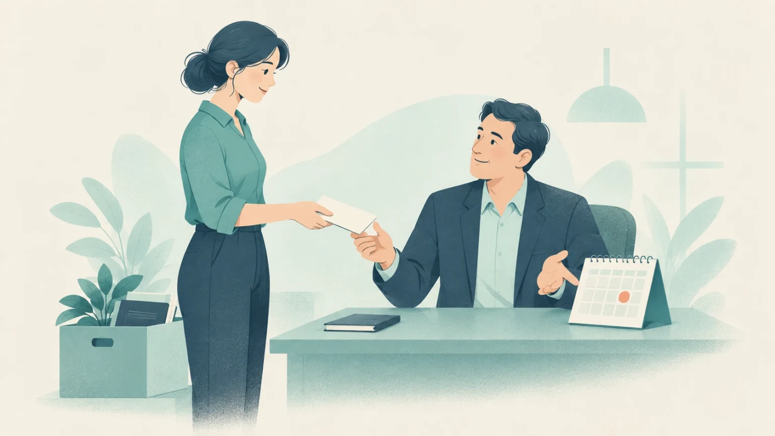An editorial illustration of an employee handing a resignation letter to her manager, who gestures toward a desk calendar with a marked date.