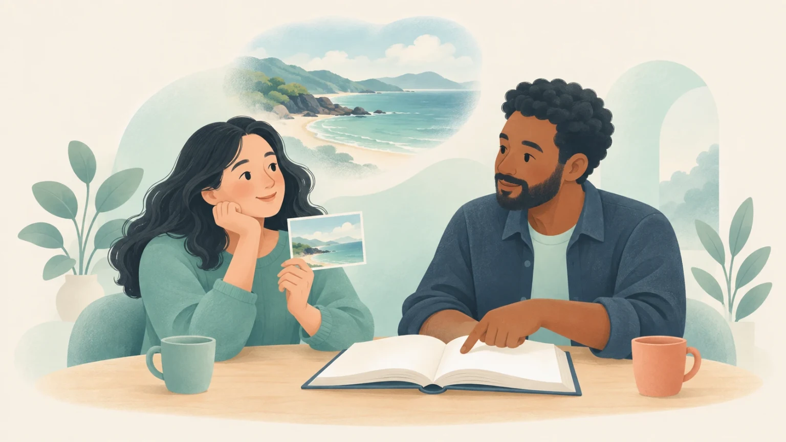 A woman holds a photo evoking a beach scene while a man points to an open book to invoke a rule.