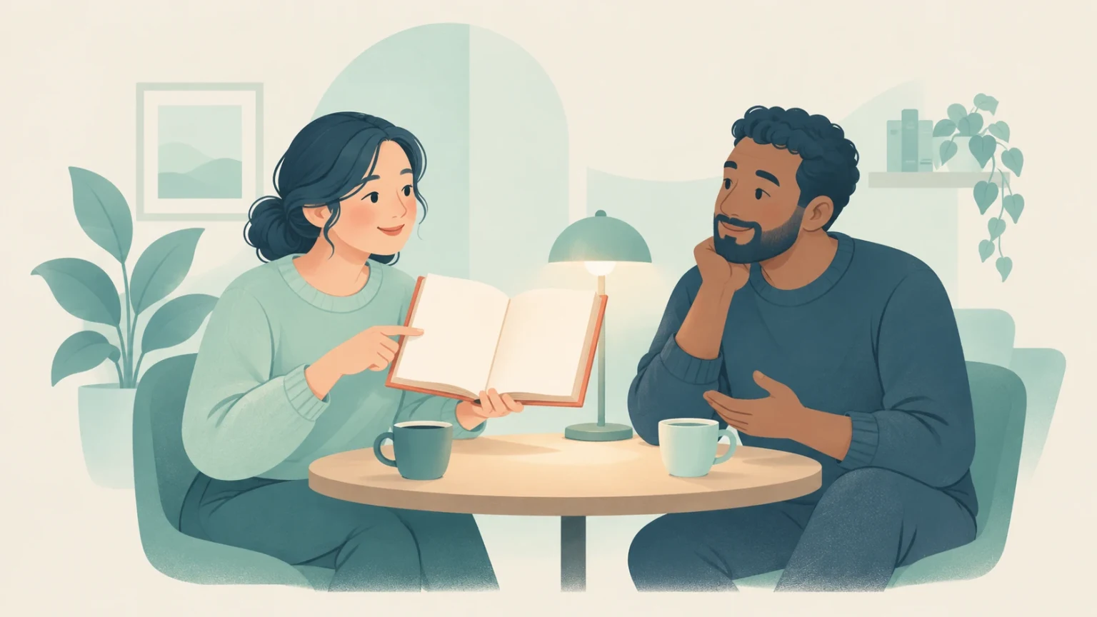 An editorial illustration of a woman showing an open book to a man seated across a cafe table with coffee mugs and a lamp.