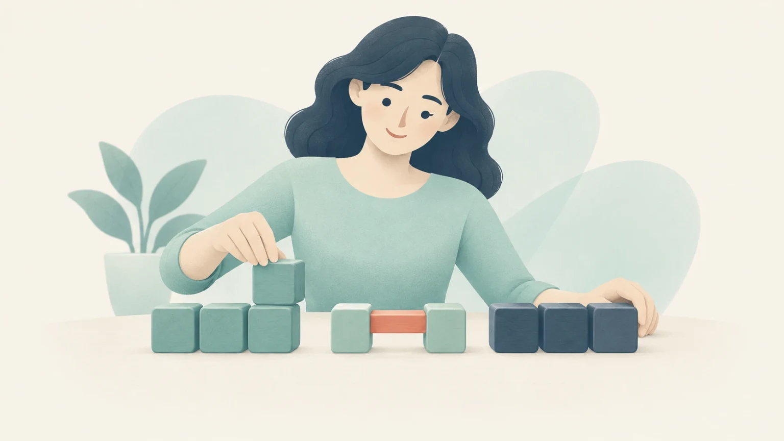 An editorial illustration of a woman assembling wooden blocks on a table, linking separate pieces with a bridge.
