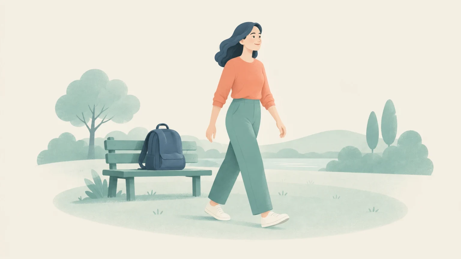 A woman walks forward through a quiet park, leaving a dark blue backpack on a bench behind her, in a soft pastel illustration.