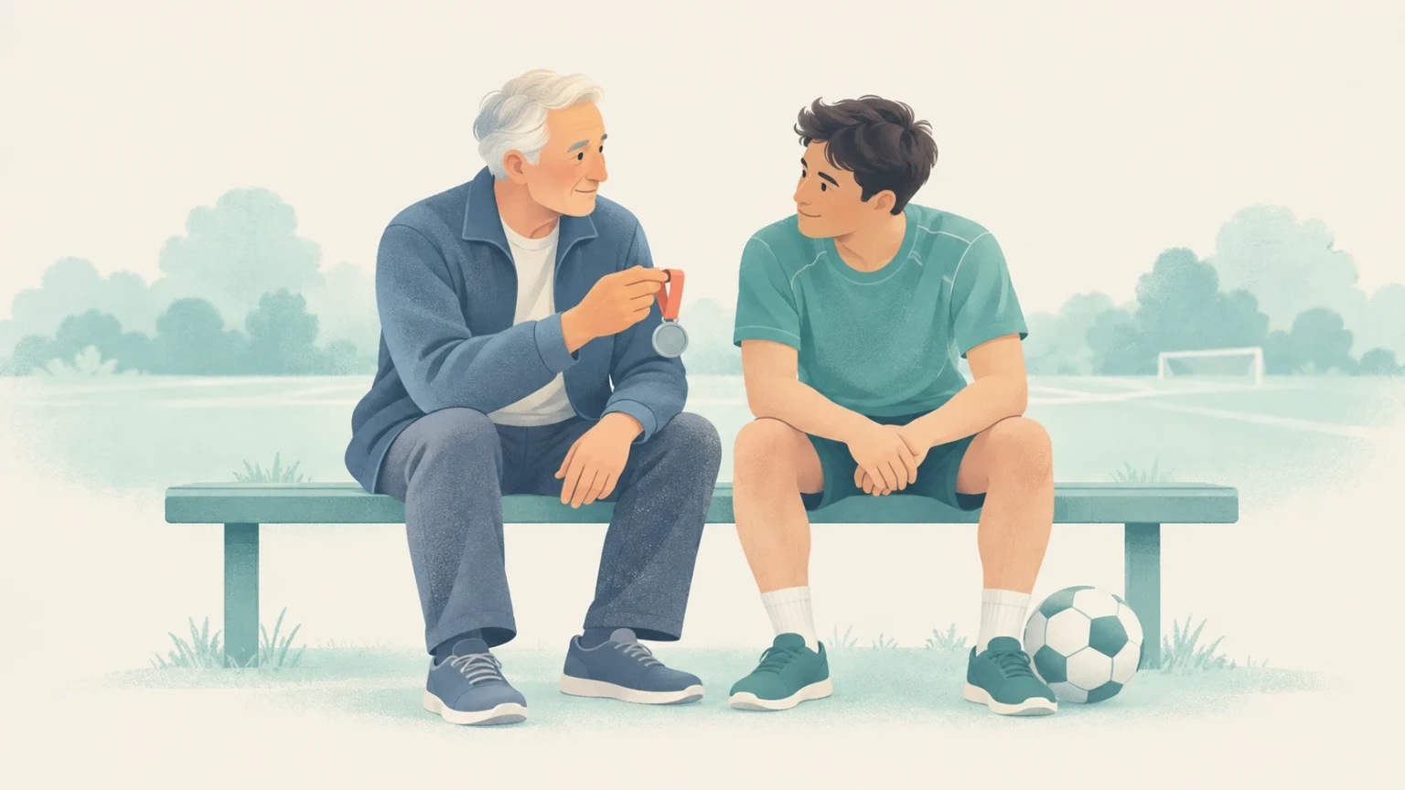 An older mentor showing a medal to a young soccer player as they sit together on a bench by an athletic field.
