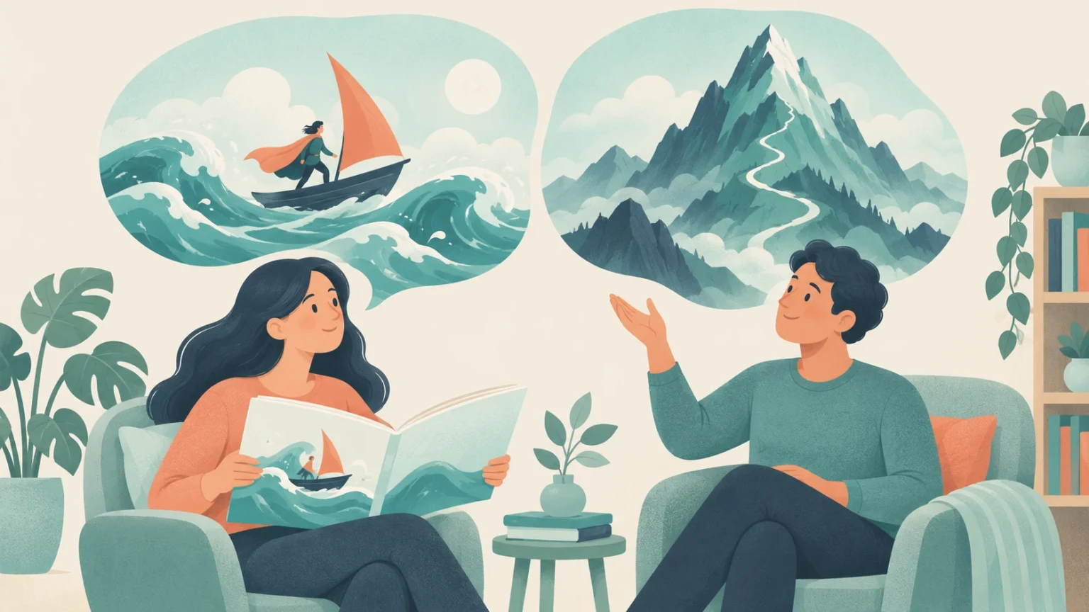 An editorial illustration of a woman reading a heroic sea voyage story and a man gesturing toward a grand mountain peak, depicting the meanings of epic.