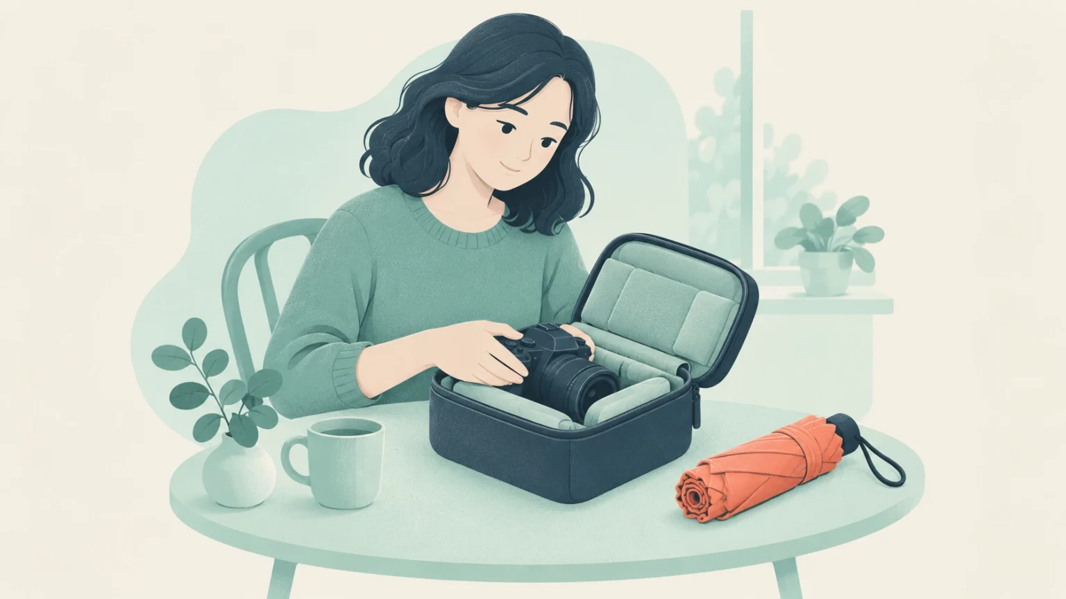 A woman places a camera into a protective padded case on a table beside a folded umbrella and a mug.