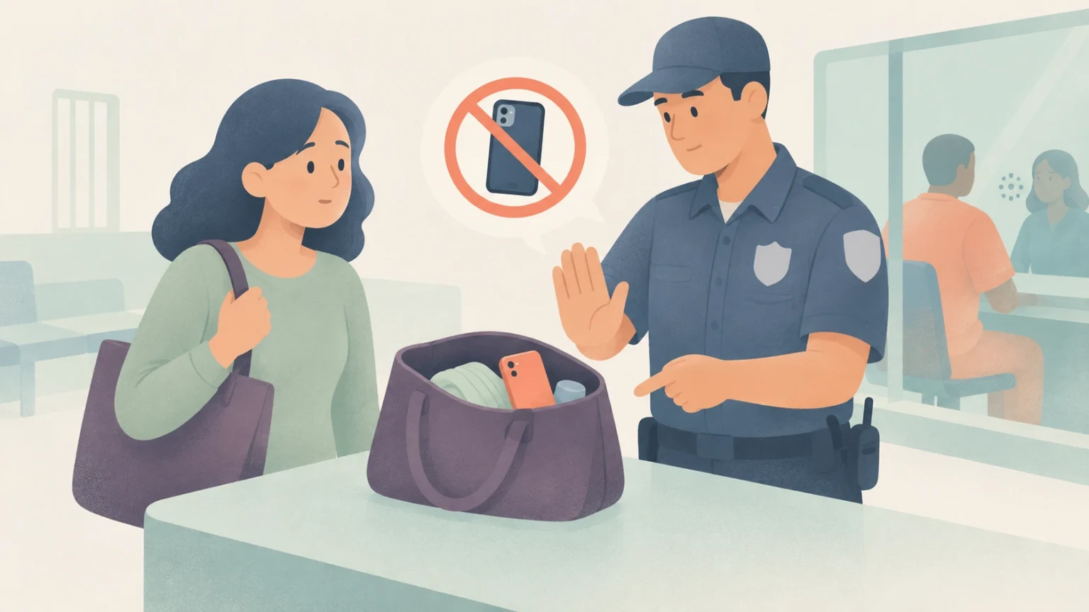 At a prison security checkpoint, a guard gestures stop and points to a prohibited smartphone inside a visitor's bag.