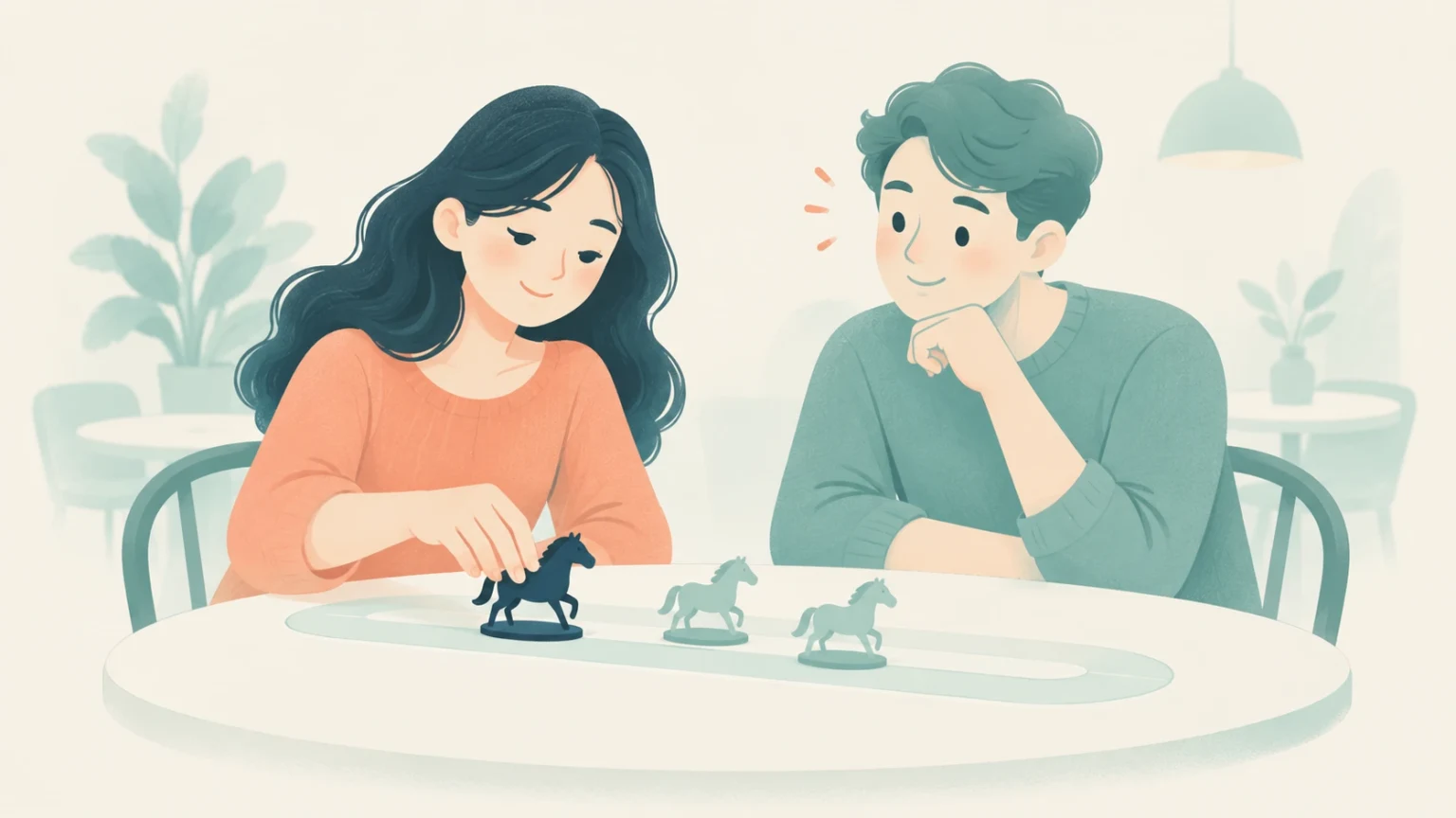 An illustration of a woman placing a black horse figurine on a tabletop track beside two lighter horses as a man watches with surprise.