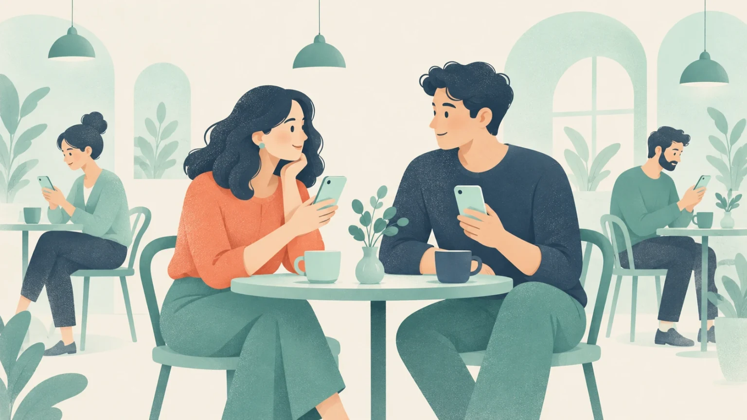 Editorial illustration of people sitting at cafe tables, each holding and looking at a smartphone.