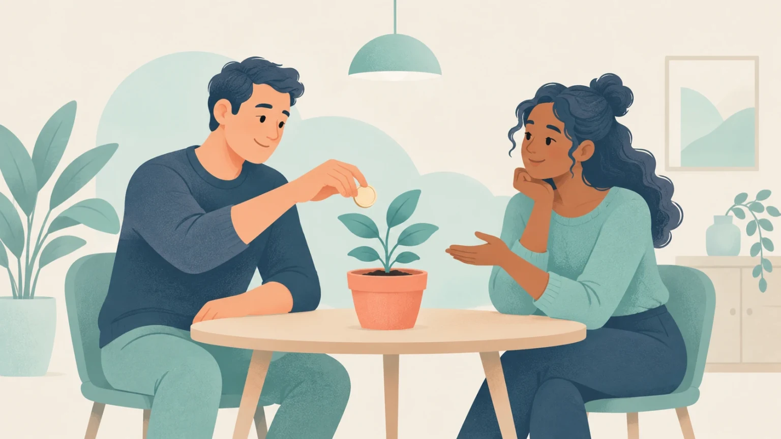 An editorial illustration of a man placing a gold coin into a potted plant as an investment, while a woman looks on.