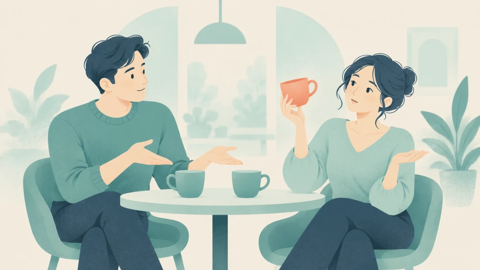 A man and a woman sit at a cafe table with two cups; the woman holds up an extra, superfluous third mug.
