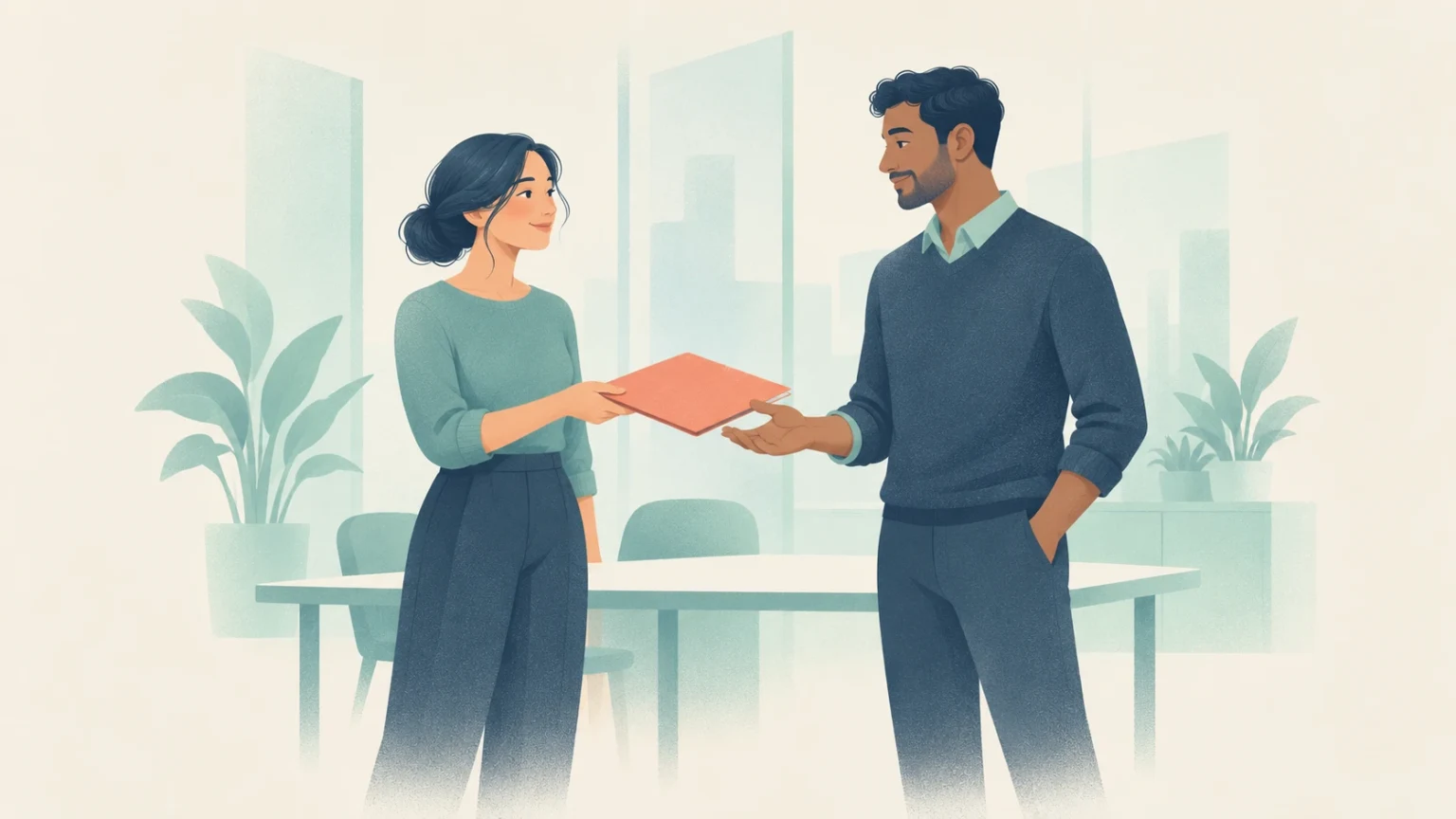 A woman hands a folder to a male colleague in a modern office, illustrating the act of assuming responsibility.