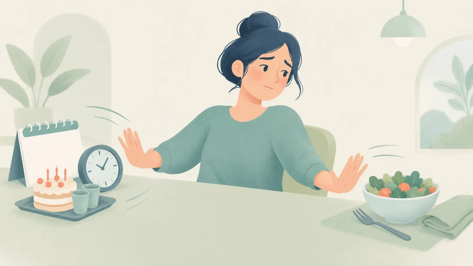 A hesitant woman raises both palms between a cake, blank calendar and clock on one side and a bowl of salad on the other, suggesting delay and reluctance.