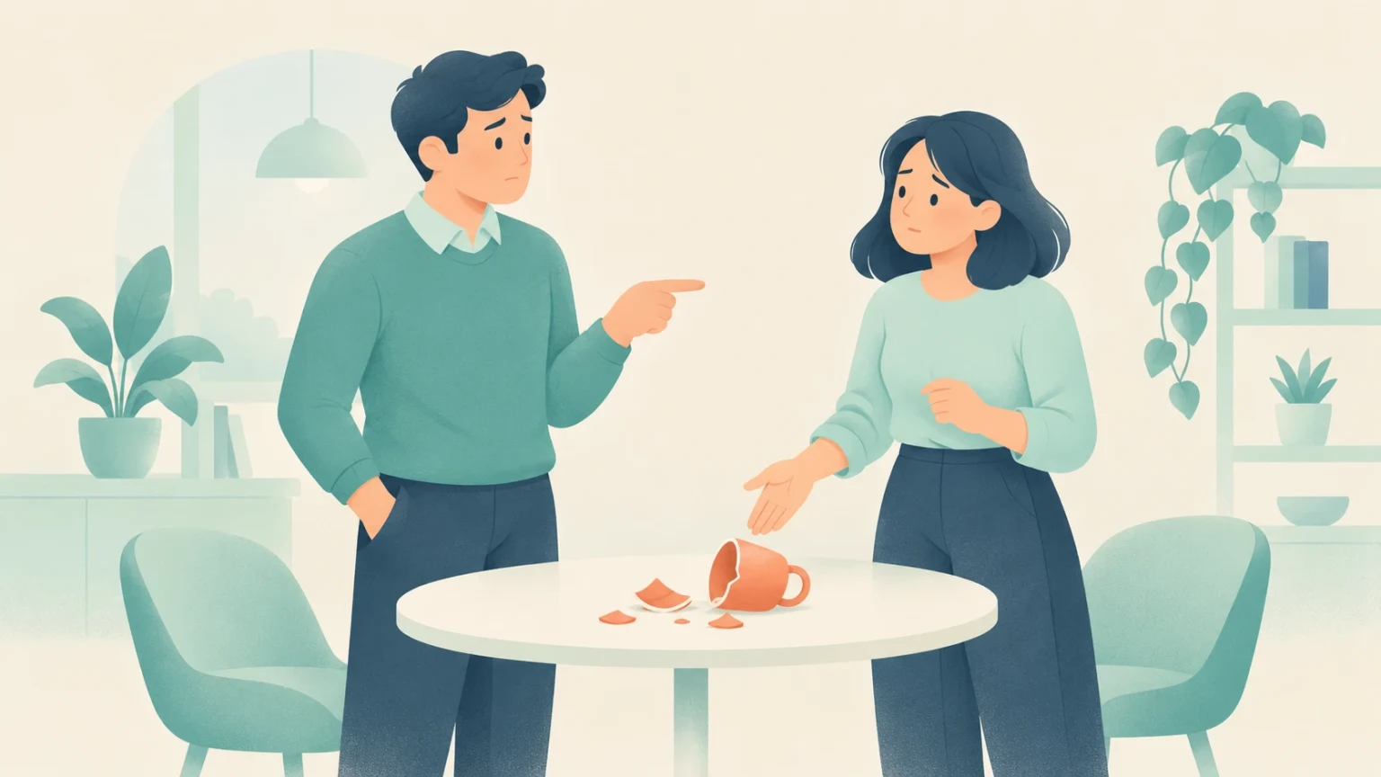 An editorial illustration of a man pointing an accusatory finger at a woman standing near a shattered mug on a table.