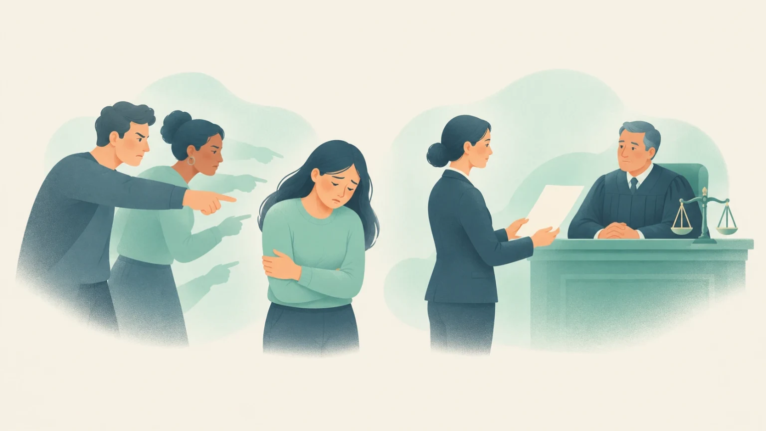An editorial illustration showing a distressed woman facing pointing accusers on the left, contrasted with a lawyer presenting legal documents before a judge in a courtroom on the right.