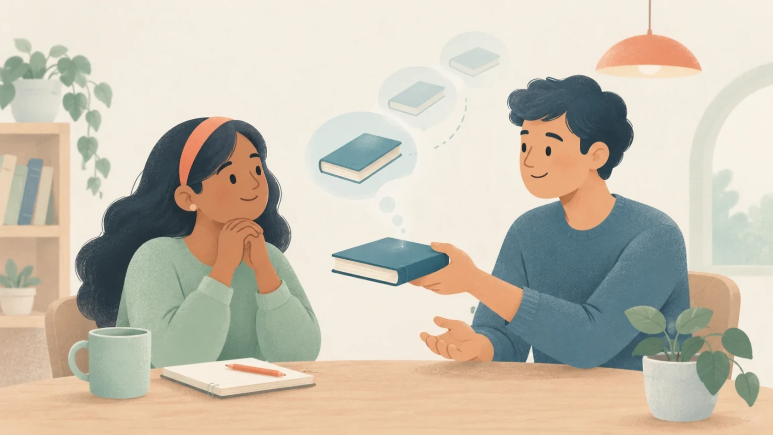 Editorial illustration of a young man handing a book to a smiling woman at a study table, with floating thought bubbles depicting repetition.