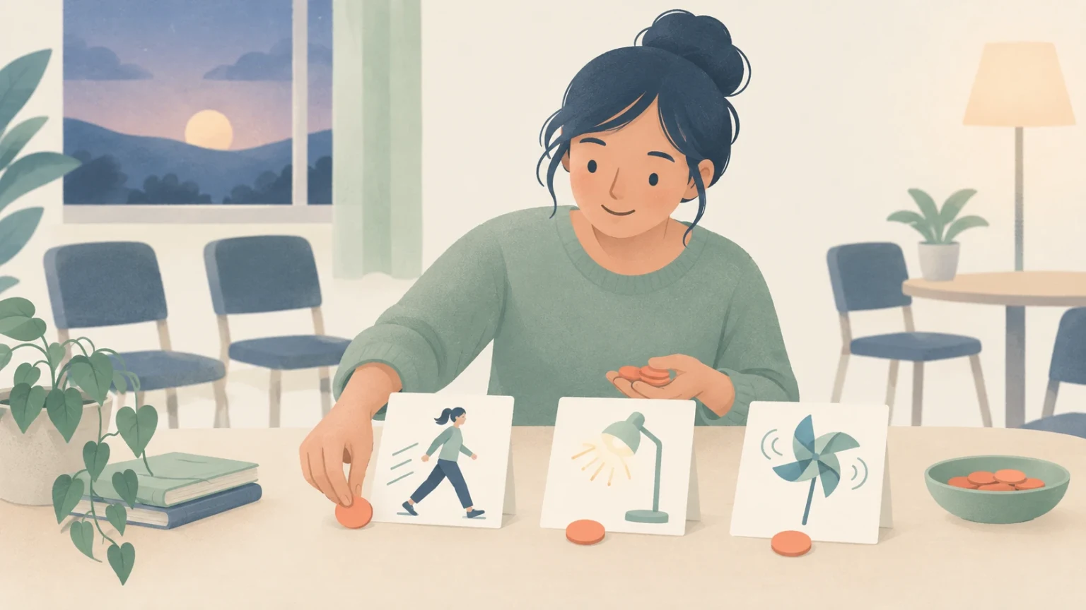 A woman prepares an evening classroom, arranging picture cards of actions and objects on a table with small round markers.