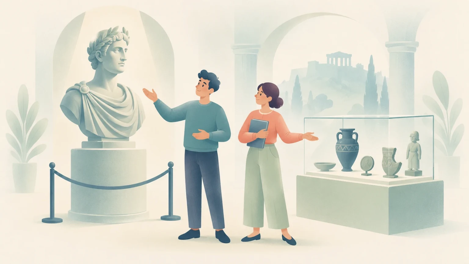 A man and woman in a museum gallery gesturing toward a classical bust and a glass display case of ancient artifacts.