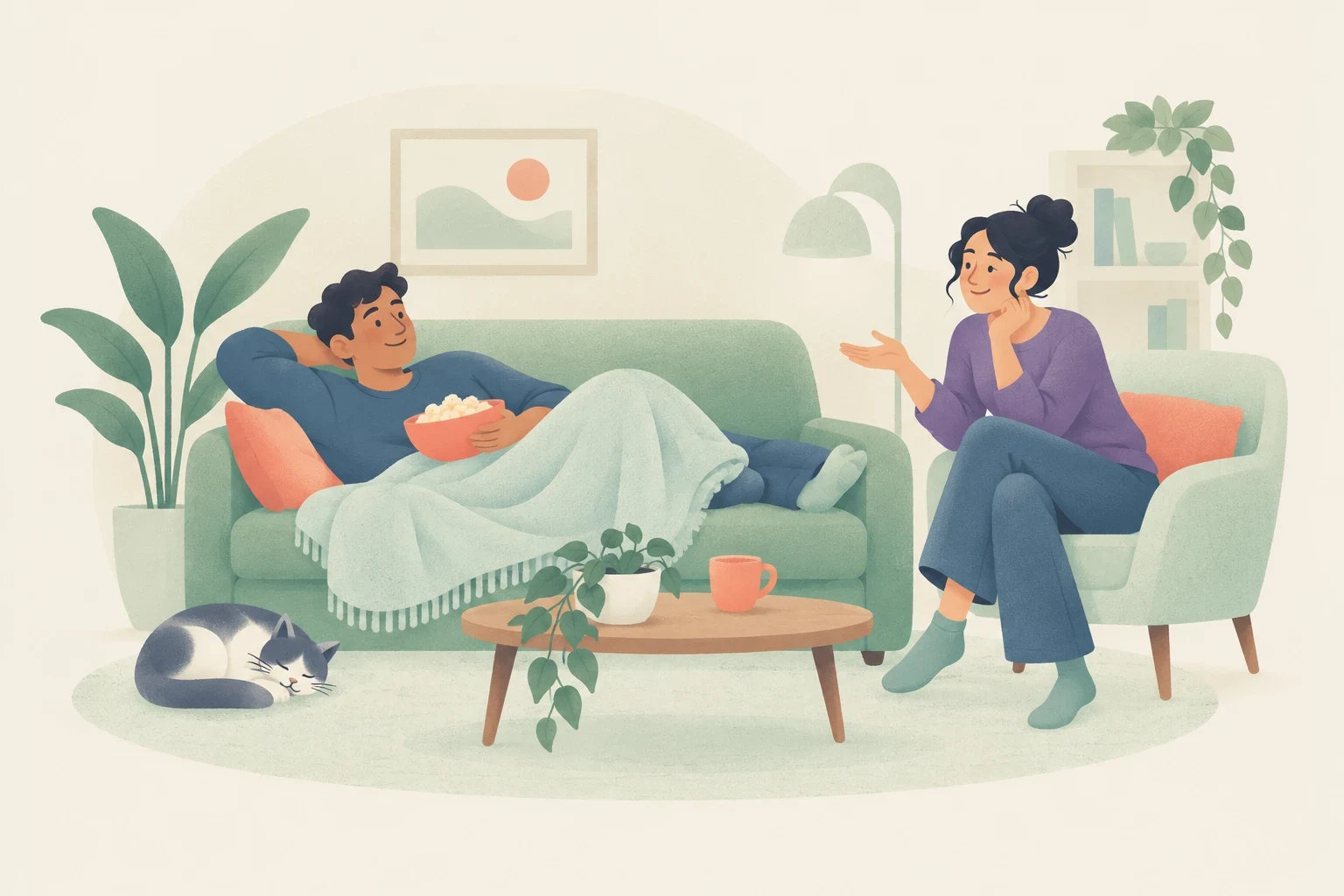 An editorial illustration of a man relaxing on a sofa under a blanket with snacks while talking to a woman sitting in an armchair.