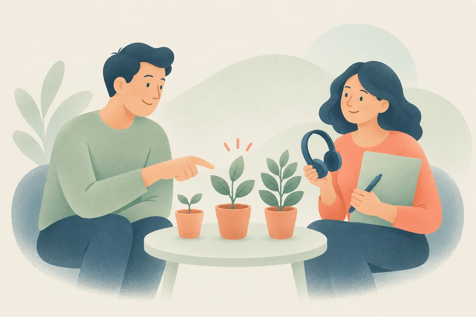 Editorial illustration of two people at a table reviewing three potted plants at progressive growth stages, highlighting the middle plant.