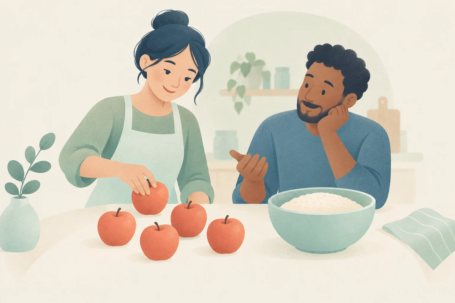 A woman places red apples on a table next to a bowl of flour while a man gestures beside her in a kitchen.