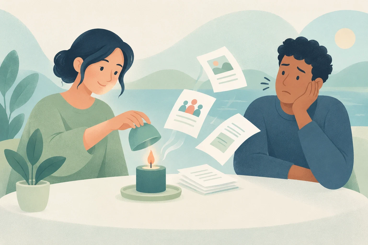 A woman lowers a snuffer over a lit candle while an uneasy man rests his head on his hand, with illustrated sheets floating between them.